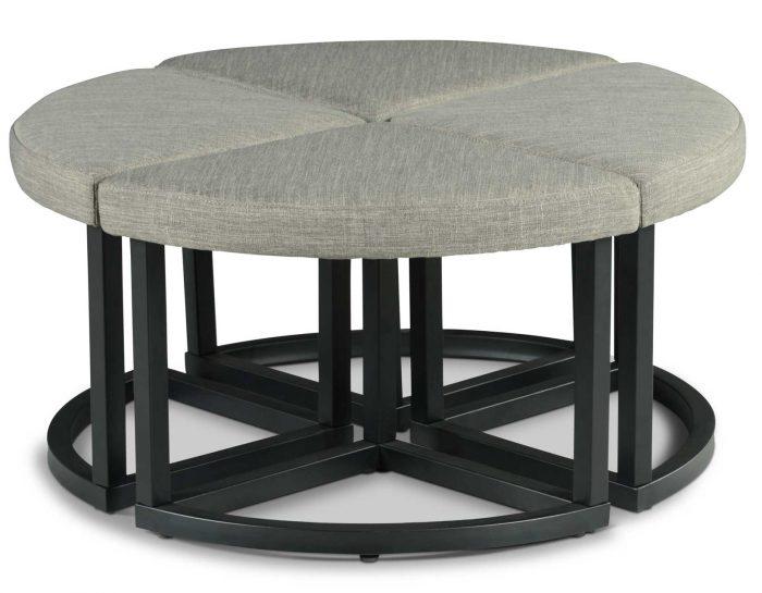 Round Brown Coffee Table with 4 stools Gray Fabric tops